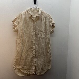 Cloth & Stone Shirt Dress Womens S Tan 100% Linen Button Up Short Sleeve Mini